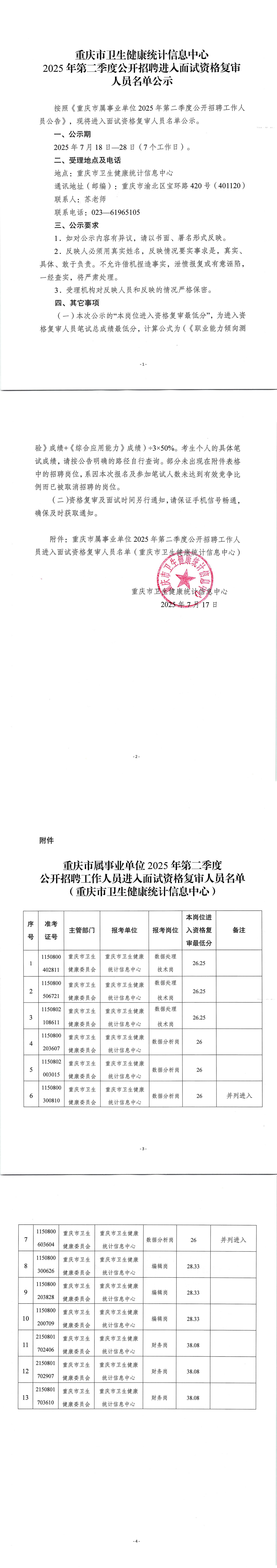 重庆市卫生健康统计信息中心2025年第二季度公开招聘进入面试复审人员名单公示_00.jpg
